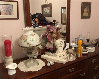 Large Mirrored Dresser with Antique Oil Lamp, Vintage Porcelain Clock and so Much More!