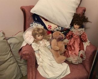 Collectible Dolls, Teddy Bear, Tufted Back Antique Chair and More!