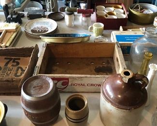 Antique Whiskey Jug, Crockery, and Wooden Boxes like the Royal Crown Cola Box!