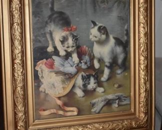 Gorgeous Painting of Playful Kittens encased in Beautiful Gold Gilded Frame!