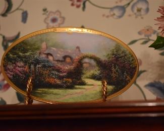 Beautiful Antique Oval Platter with Painting and Gold Embossed Edging. Etched in the Gold Edging is the Title, "Morning Glory Cottage", of the Painting!