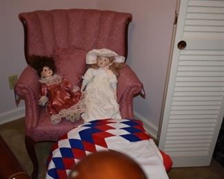 Collectible Quilt, Dolls, and Tufted Back  Antique Chair