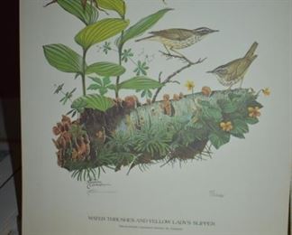 Art entitled Water Thrushes and Yellow Lady's Slipper by H. Conner signed twice, #4 of 2000