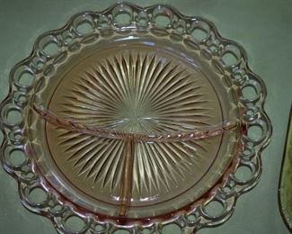Green Depression Glass Plate with Crochet Design edging and divided