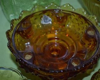 Depression Green Glass Hobnail 6 Candle Holder Bowl with Scalloped Edging ( 5 smaller candles around the edge and 1 larger candle in the center)