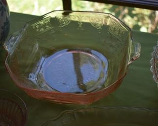 Green Depression Glass Bowl with Etched Design