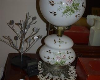 Antique Hand Painted Milk Glass Lamp