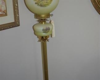 Lovely Brass Antique Floor Lamp with Round Glass Globe and Matching Oil Base underneath the Base of this Lamp is very Ornate! 