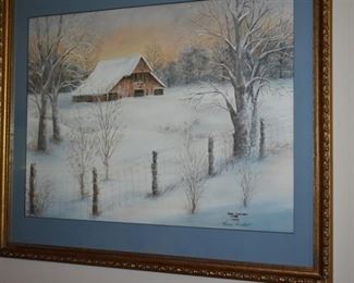 Beautiful Winter Barn Scene painted by Artist Bonnie Overstreet in 1980. This is #126 of 1000.
