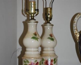 A pair of Antique Milk Glass Table Lamps with Hand Painted Flowerss