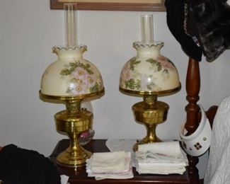 A pair of Brass Aladdin Lamps with "Stove Pipe" Lantern Globe with Beautifully Hand Painted Shades