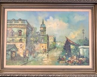 10. Oil Painting of European Streetscene signed by G Wood (44" x 32")
