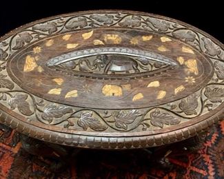39. Carved and Bone Inlaid Oval Side Table w/ Carved Elephant Head Legs (24" x 15" x 19")