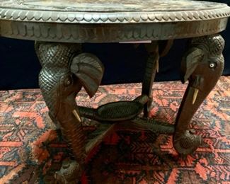 39. Carved and Bone Inlaid Oval Side Table w/ Carved Elephant Head Legs (24" x 15" x 19")