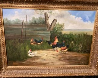 42. Oil Painting of Roosters in Farmyard w/ Gilt Carved Frame (36" x 24")