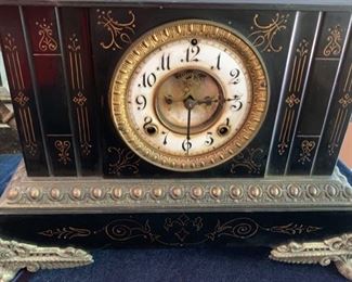 66. Cast Iron Clock Black w/ Gold Detail and Dragon Handles (16" x 7" x 11")