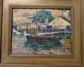 55. Harbor Scene Oil Painting (20" x 17")