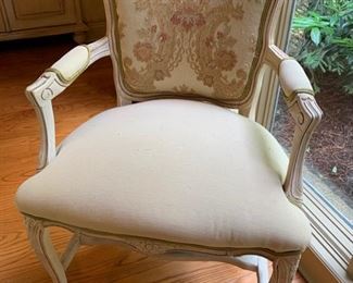 1. 11 French Provincial Upholstered Dining Side Chairs (21'' x 18'' x 38'') 2. Pair of French Provincial Upholstered Dining Arm Chairs (25'' x 20'' x 36'')