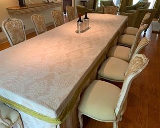 1. 11 French Provincial Upholstered Dining Side Chairs (21'' x 18'' x 38'') 2. Pair of French Provincial Upholstered Dining Arm Chairs (25'' x 20'' x 36'') 4. Custom Dining Table (48'' x 12' x 30'')