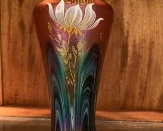 32. Irridescent Lotus Painted Glass Vase (8'')