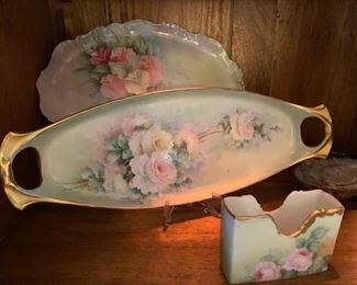 43. Limoge Platter w/ Pastel Floral Motif (12'')
44. Limoge Napkin Holder w/ Pastel Floral Motif (4'')
45. Limoge Tray w/ Pastel Floral Motif & Handles (15'')