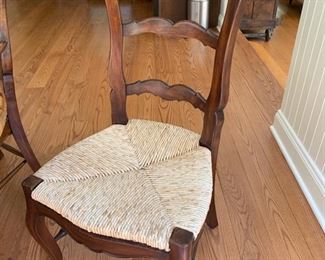 59. Rustic Plank Top Dining Table on Wrought Iron Base (62'' x 31'')
60. 5 French Provincial Ladderback Arm Chairs w/ Rush Seat (23'' x 21'' x 41'')
