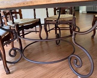 59. Rustic Plank Top Dining Table on Wrought Iron Base (62'' x 31'')
60. 5 French Provincial Ladderback Arm Chairs w/ Rush Seat (23'' x 21'' x 41'')