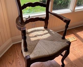 59. Rustic Plank Top Dining Table on Wrought Iron Base (62'' x 31'')
60. 5 French Provincial Ladderback Arm Chairs w/ Rush Seat (23'' x 21'' x 41'')
