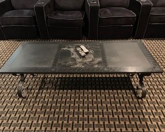 95. Stone Top Coffee Table w/ Etchings & Wrought Iron Base (54'' x 22'' x 16'')
