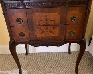 100. Pair of Antique 2 Drawer Carved & Inlayed Accent Table (23'' x 14'' x 27'')