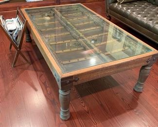 109. Custom Indonesian Window Frame Coffee Table w/ Glass Top (36'' x 62'' x 18'')