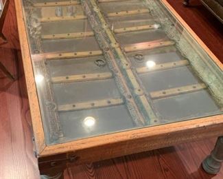 109. Custom Indonesian Window Frame Coffee Table w/ Glass Top (36'' x 62'' x 18'')