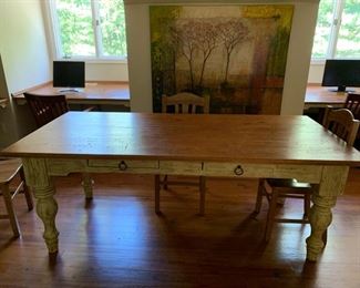 126. 2 Drawer Distressed Pine Top Painted Base Farm Table (40'' x 84'' x 32'')