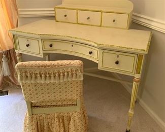 162. Handpainted 6 Drawer Victorian Desk on Casters (47'' x 25'' x 46''). 163. Upholstered Desk Chair (18'' x 16'' x 30'')