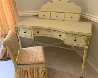 162. Handpainted 6 Drawer Victorian Desk on Casters (47'' x 25'' x 46''). 163. Upholstered Desk Chair (18'' x 16'' x 30'')