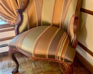 38. Striped Taffeta Upholstered Armchair w/ Carved Wood Detail (28" x 30" x38")