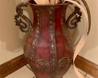 40. 18" Metal Oxblood Red Urn