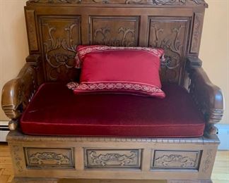44. Pair of Hand Carved Wood Elephant Arm Storage Benches w/ Velvet Cushions (38" x 20" x 44")