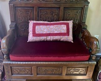 44. Hand Carved Wood Elephant Arm Storage Benches w/ Velvet Cushions (38" x 20" x 44")