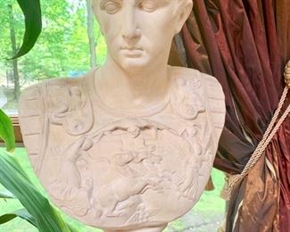 46. 60" Neoclassical Julius Caesar Ceramic Bust Sculpture on Roman Column, 2 Pc