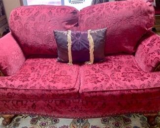 48. Red Velvet Jacquard Rolled Arm Loveseat w/ Wood Detail (70" x 40" x 40")
