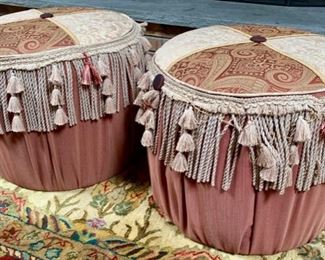 50. Pair of Tassled Silk Upholstered Poufs (22" x 18")