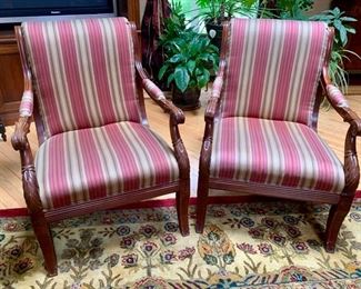 53. Pair of Striped Upholstered Wood Trim Armchairs (28" x 28" x 38")