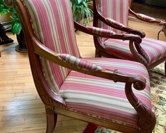 53. Pair of Striped Upholstered Wood Trim Armchairs (28" x 28" x 38")