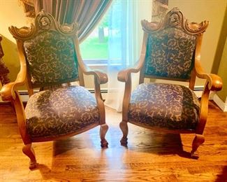 62. Pair of Carved Wood Armchairs w/ Brocade Upholstery (28" x 24" x 44")