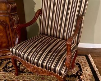 63. . Pair of Carved Wood Armchairs w/ Striped Upholstery (28" x 24" x 45")