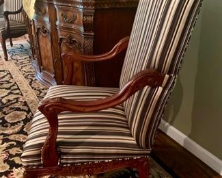 63. . Pair of Carved Wood Armchairs w/ Striped Upholstery (28" x 24" x 45")