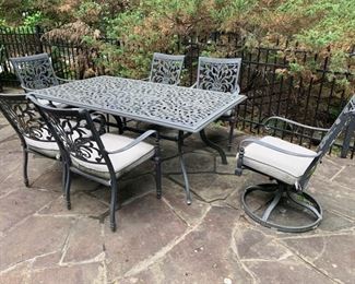 90. Black Powder-Coated Aluminum Outdoor Dining Set: Rectangular Table (72" x 42" x 28") w/ 4 Armchairs (one, as is) & 2 Swivel Endchairs (24" x 22" x 36")