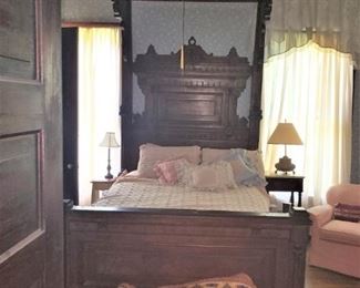 12' Victorian Carved Crown Solid Walnut & Burl Walnut Inserts Half Tester Bed with Canopy Insert  