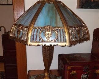 Vintage blue slag glass lamp; gorgeous! About 23" tall, 19" wide.